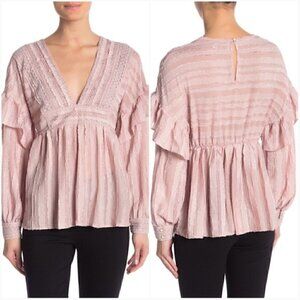 Champagne & Strawberry Lace Long Sleeve Boho Top Blouse Pink Size S